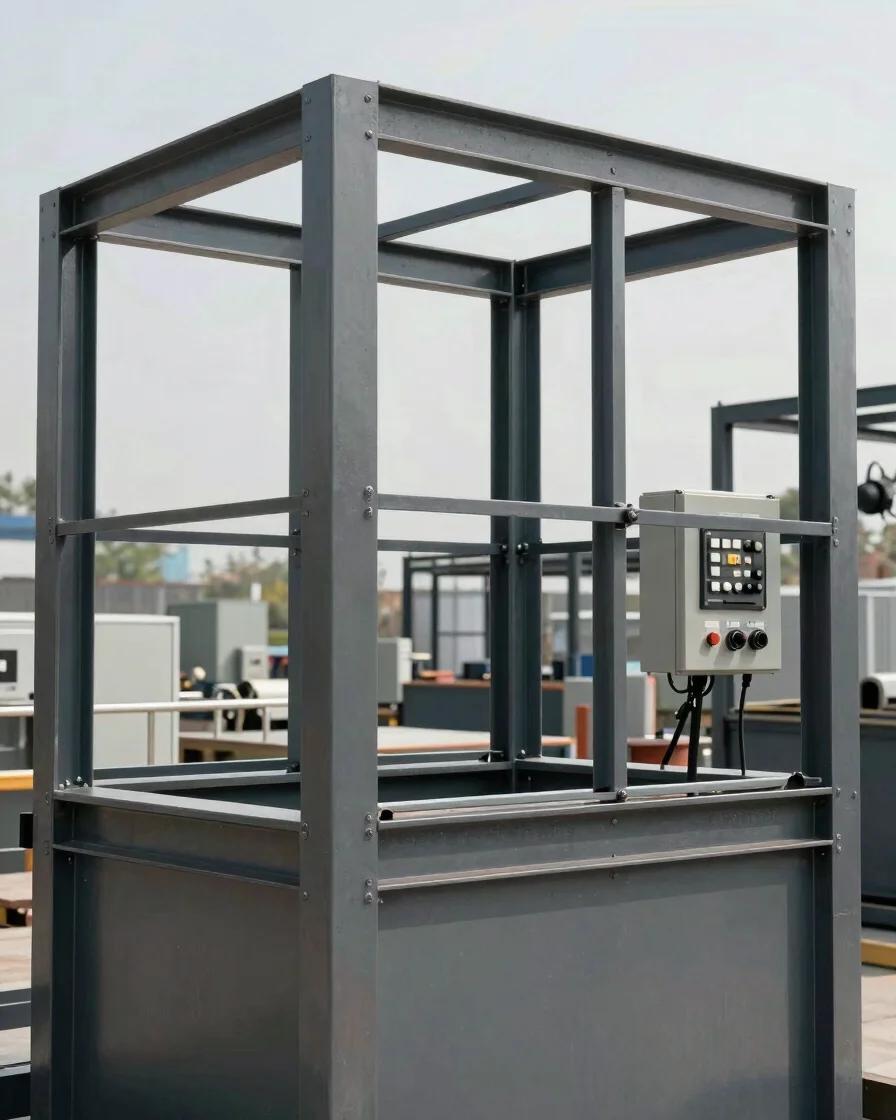 Close documentary view of a steel machine frame and control panel in clean natural daylight, muted steel and charcoal to