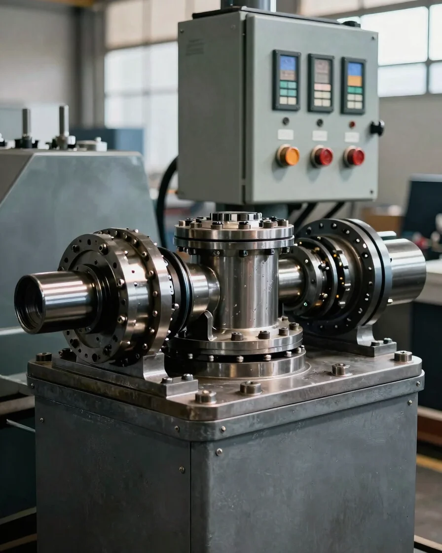 Documentary industrial photograph of a machine's steel housing and control panel in clean natural daylight, muted charco